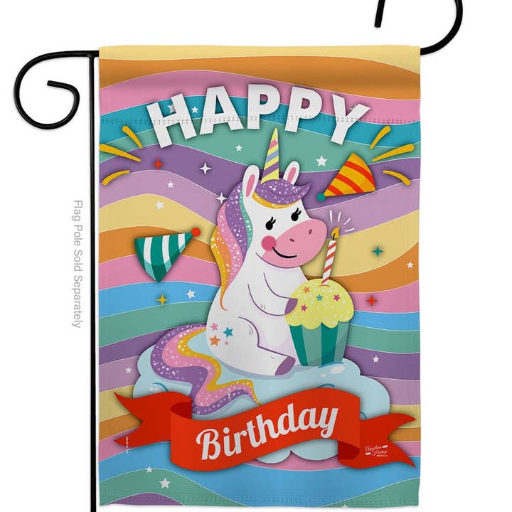 Two Group Flag Co - Venta al por mayor Bandera y manga de viento - Bandera unicornio Happy Birthday Fantasy Sweet Cupcake Garden