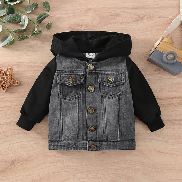 Veste à capuche à manches longues avec design à boutons et empiècements en denim pour garçon bébé pour la vente par PatPat