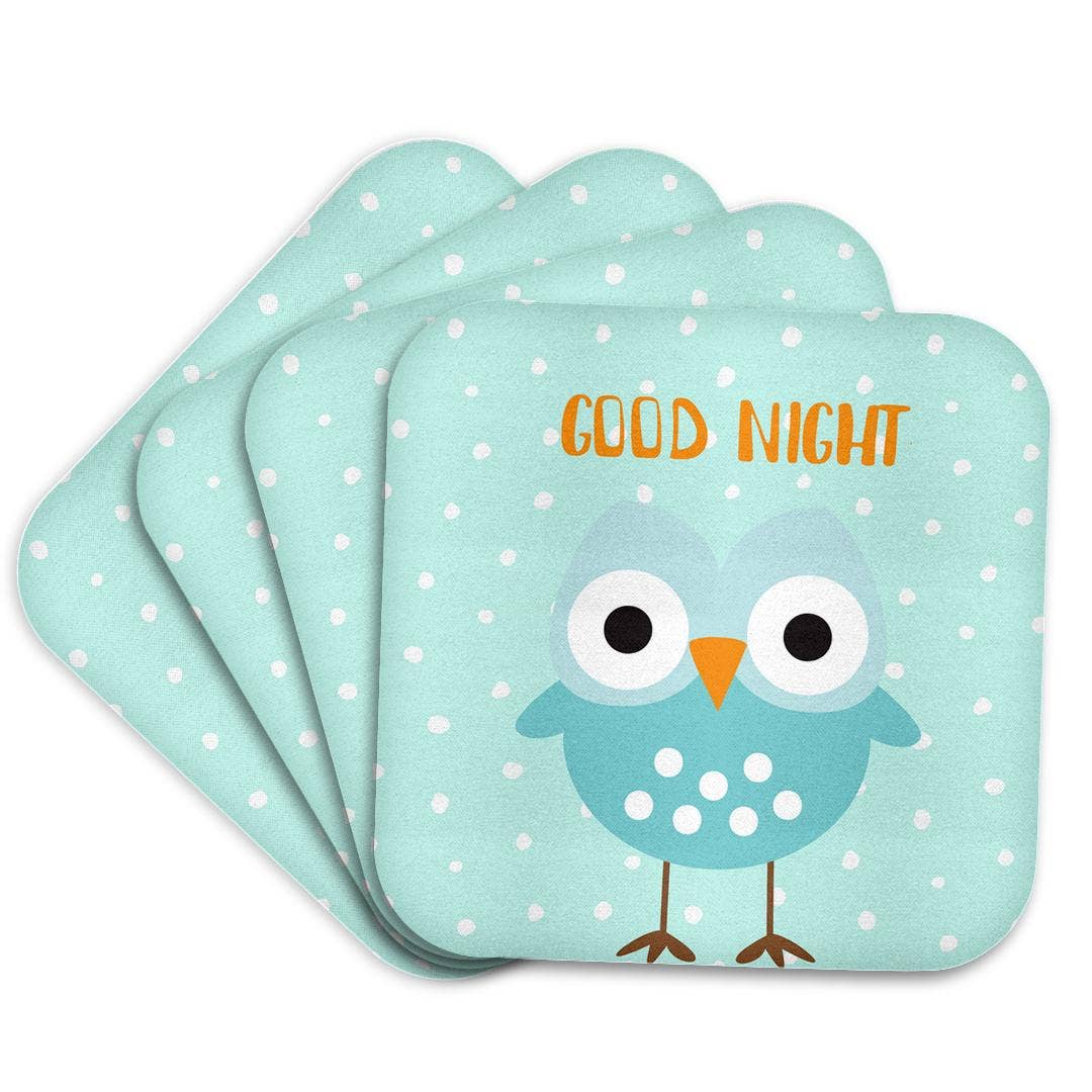 3dRose – wholesale Coasters – 3dRose, Cute Baby Woodland Owl Bird Typography On Blue Polkadots - Good Night, Coaster7