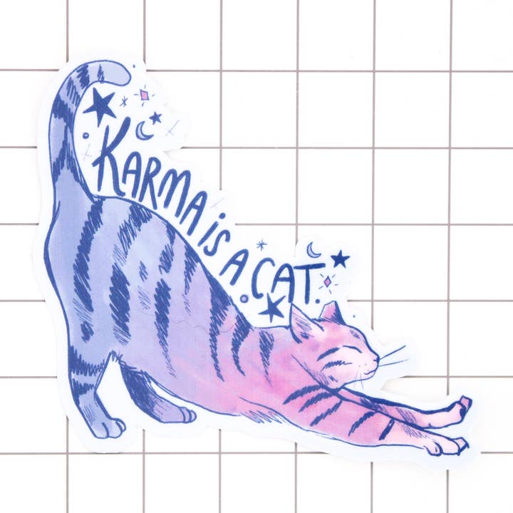 Karma is a Cat Vinyl Sticker for wholesale by Amy Hartelust Art and Illustration