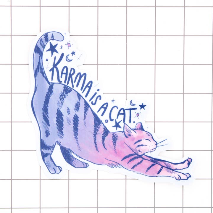 Karma is a Cat Vinyl Sticker for wholesale by Amy Hartelust Art and Illustration