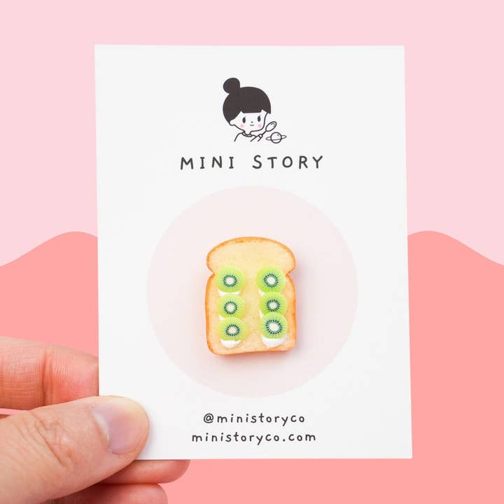 Kiwi Fruit on Toast Pin | Kiwifruit Bread Toast Lapel Pin | Fruit Toast with Cream Cheese Brooch | Breakfast Pin | Miniature Food Pin for wholesale by Mini Story Co