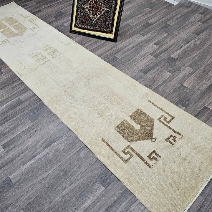 Hand-Knotted Wool Runner: Beige Cream Brown Antique Hallway Rug for wholesale by MesopotamiaRugs