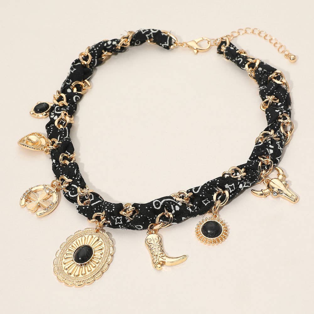 Sensibling Corp. - Wholesale Pendant/Charm Necklace - Western Themed Charm Fabric Braided Necklace6