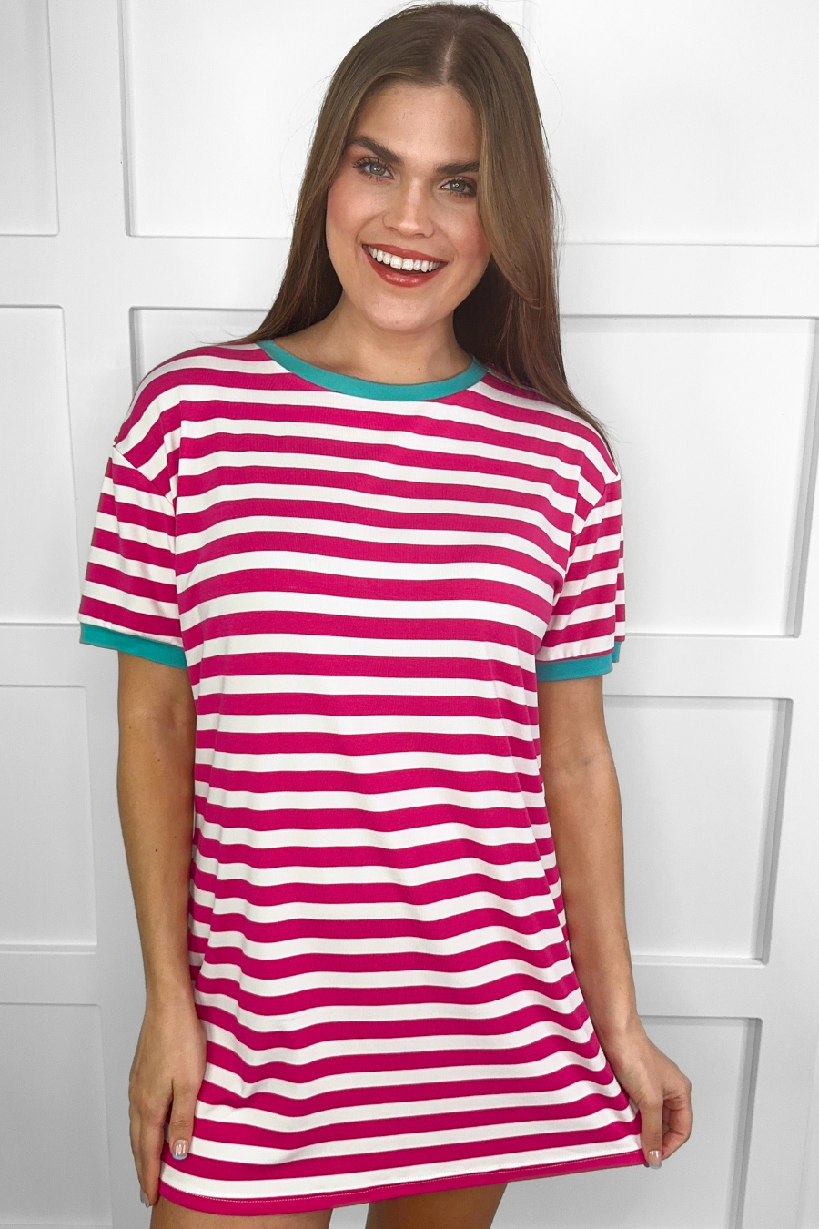 Hot Pink Living In Stripes Dress, Pink/Teal for wholesale on Faire7