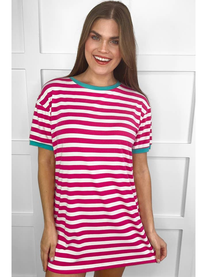 Hot Pink Living In Stripes Dress, Pink/Teal for wholesale on Faire7
