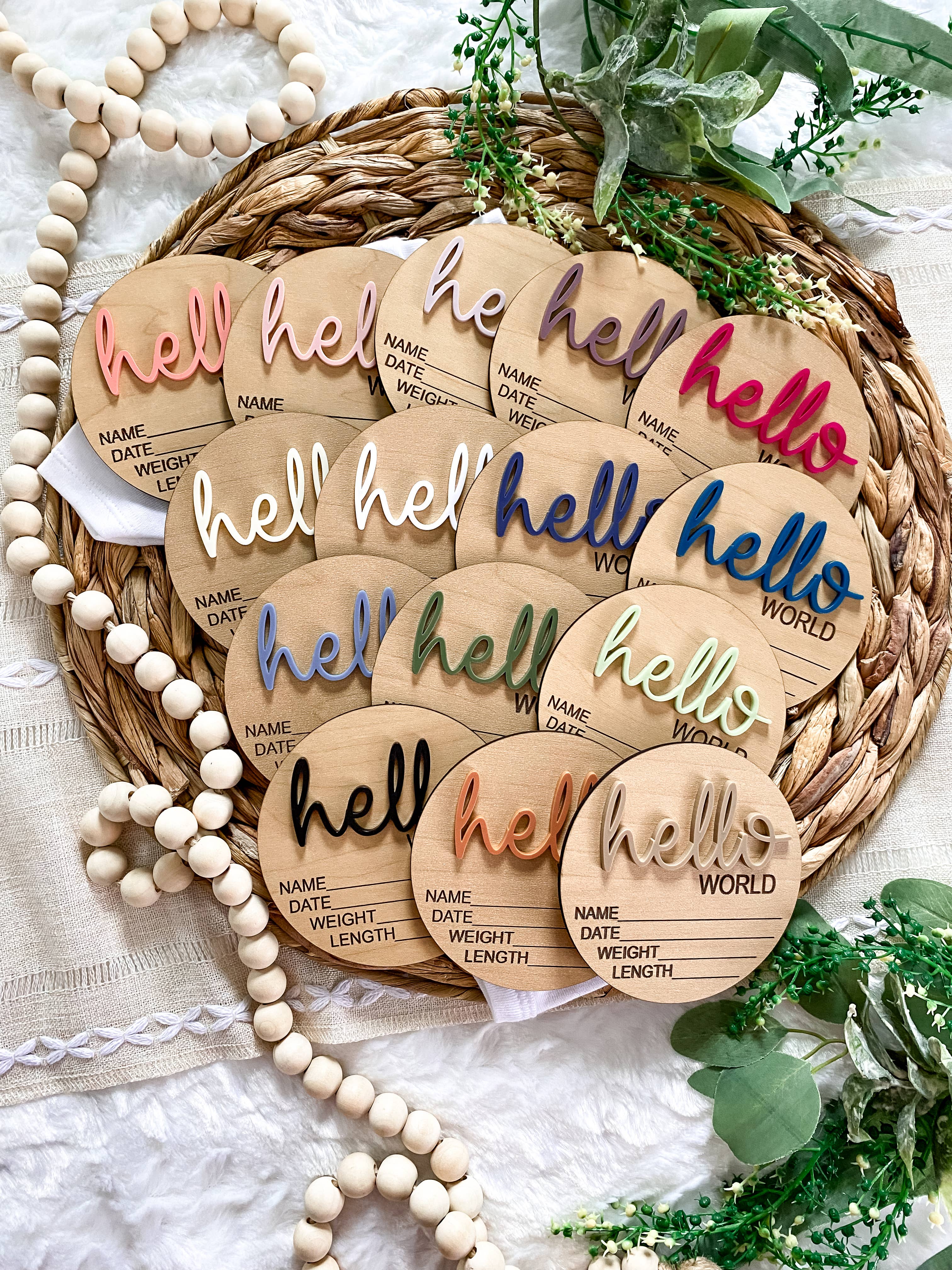Claire and Bella - Wholesale Milestone Art/Keepsake - Kids & Baby - Hello World Birth Stat Announcement Wood Disc - Layered 3D21