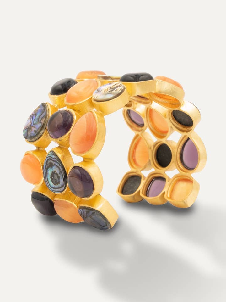 Splendido bracciale in oro con ametista e conchiglia di abalone con tre ametiste per la vendita all'ingrosso da parte di TIAHRA Jewelry