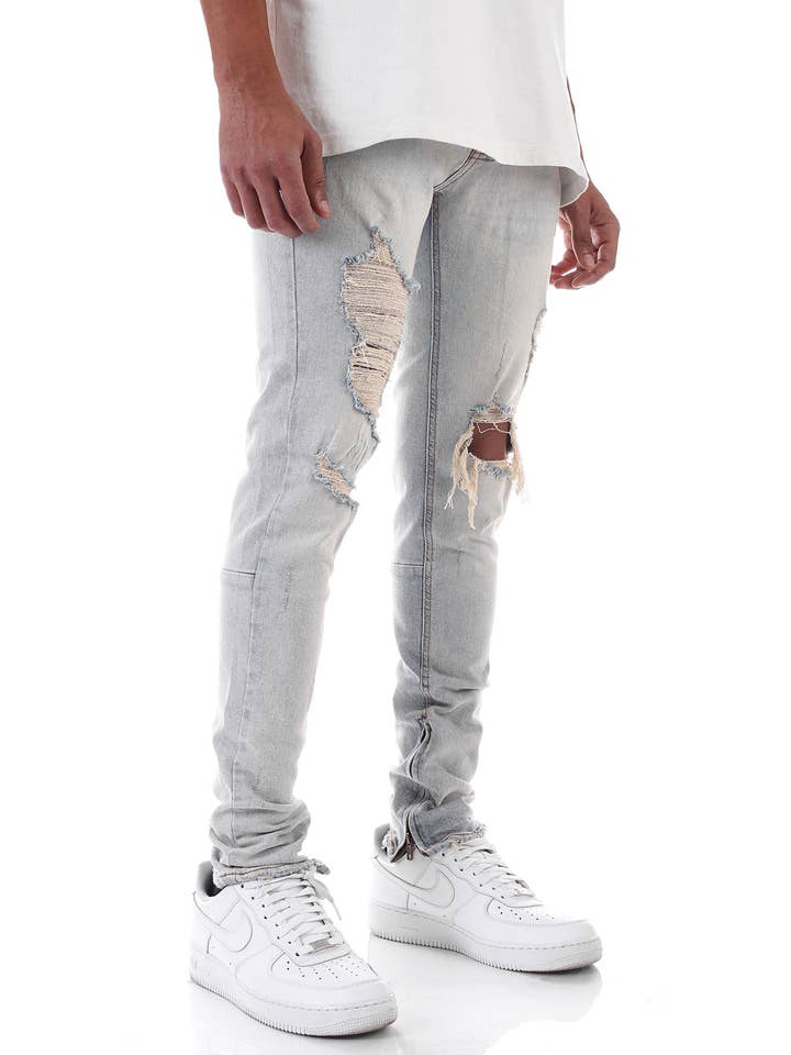 BLUE DISTRESSED ANKLE ZIP JEANS - Skinny Fit for wholesale on Faire
