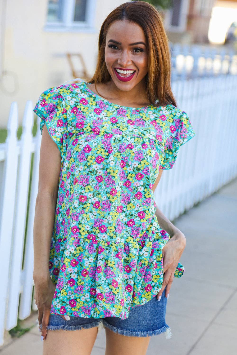 Promenade - Wholesale Blouse - Women's - All For You Mint Floral Yoke Flutter Sleeve Keyhole Back Top (Open Pack)0