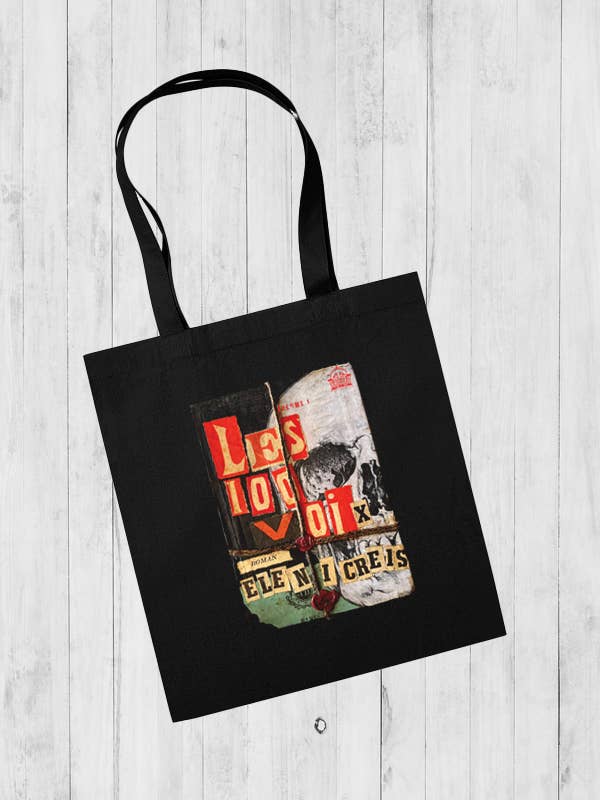 Zwarte totebag 'The 100 Voices' van 100% biologisch katoen voor wholesale door Madder créations