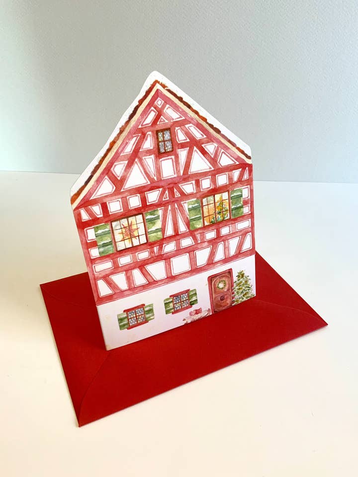 Maison en bois rouge, carte d'hiver / de Noël pour la vente par Harmony Hardin Greeting Cards