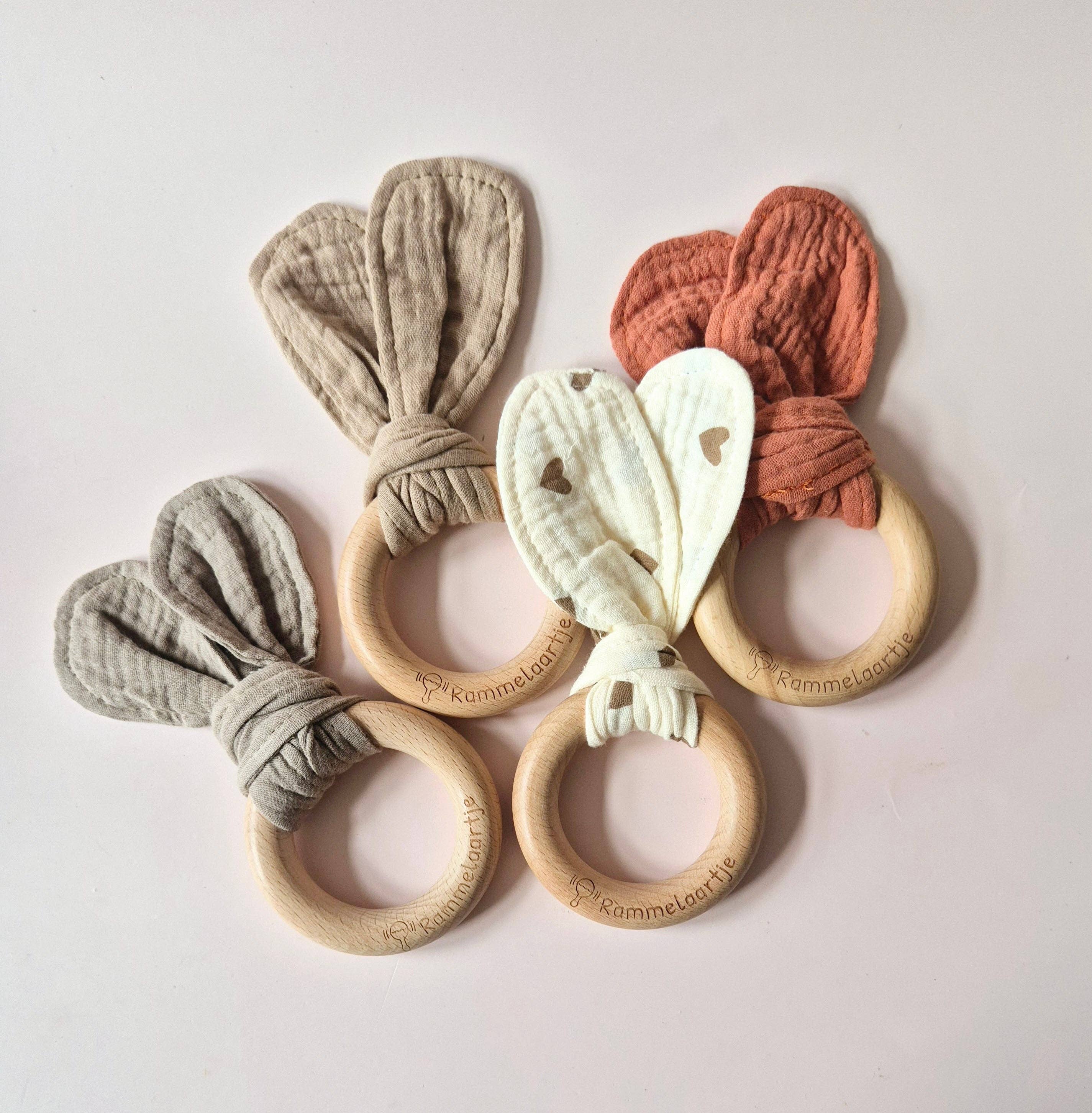 Rammelaartje - Wholesale Teether (Not Clip-On) - Baby - Wooden teething ring with soft bunny ears 15cm - Rust1