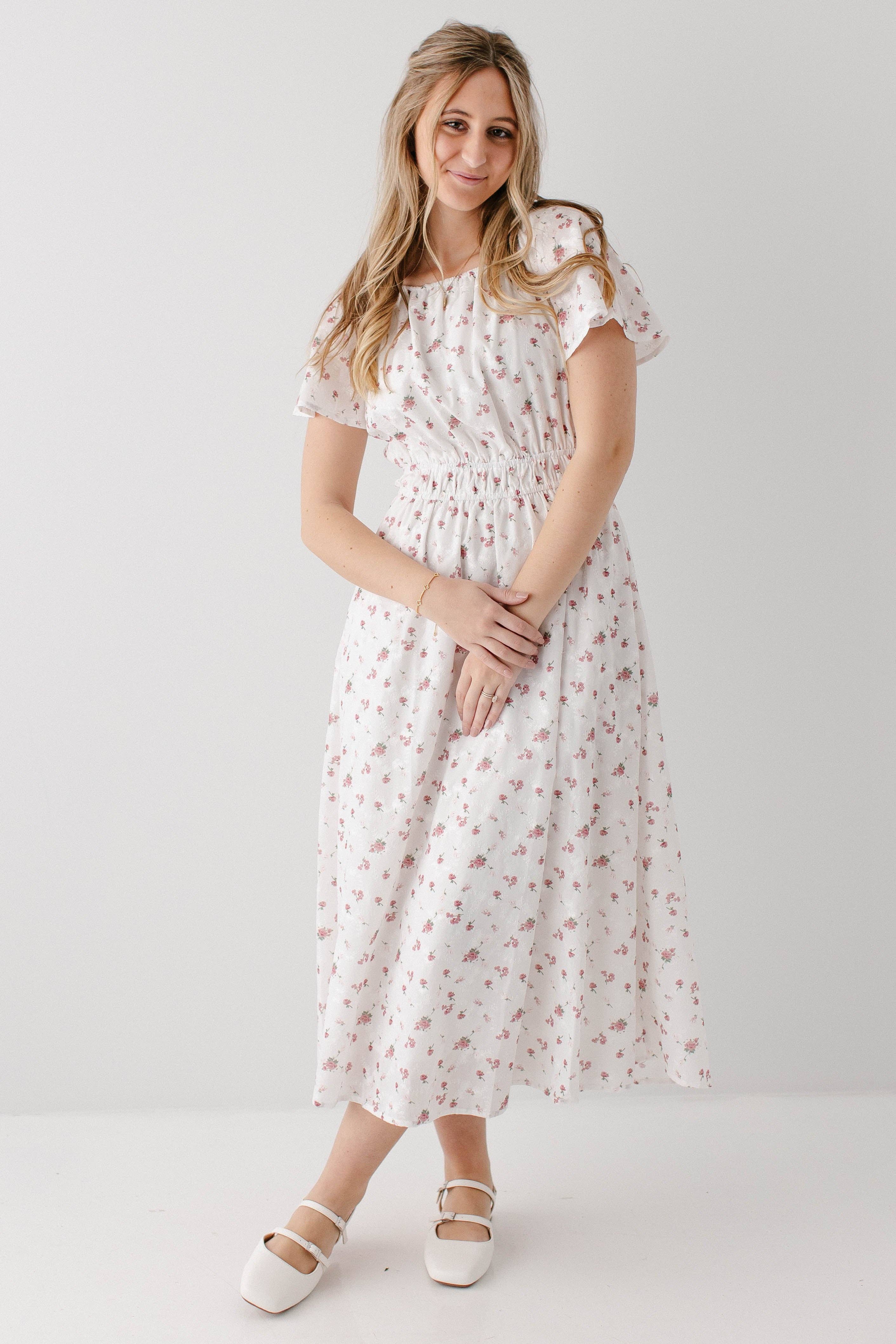 White 'Cynthia' Embroidered Floral Print Dress for wholesale on Faire2