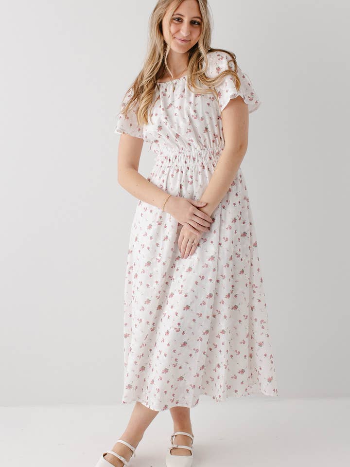 White 'Cynthia' Embroidered Floral Print Dress for wholesale on Faire2