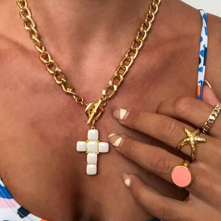 Christina Christi - Wholesale Pendant/Charm Necklace - White Cross Necklace with Gold Chain