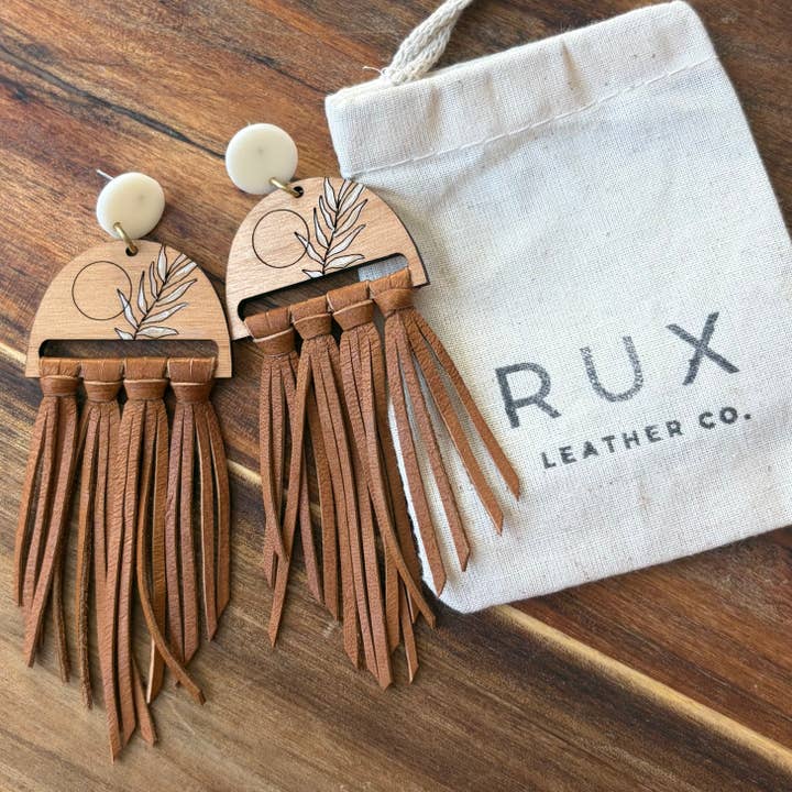 Leather Fringe + Boho Wood Statement Earring, Caramel for wholesale by Rux Leather