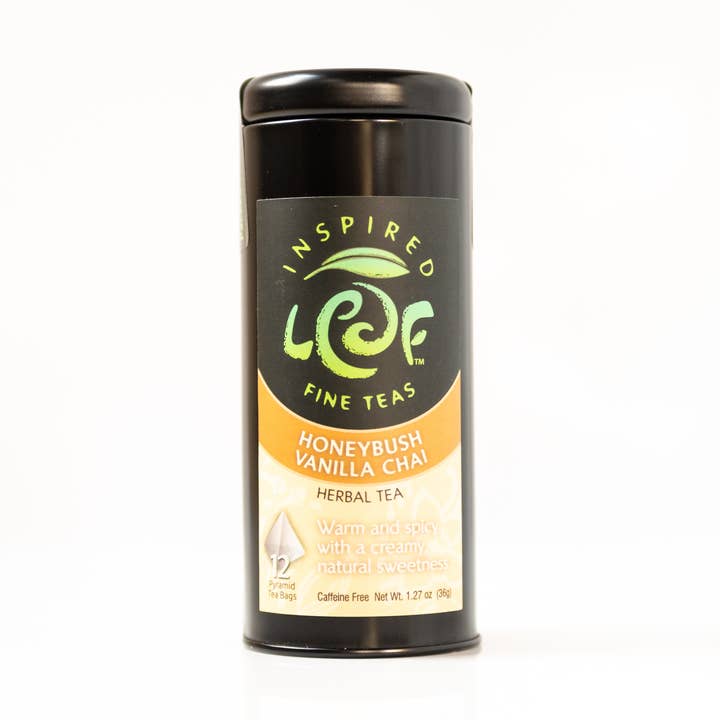 Honeybush Vanilla Chai pyramid tin for wholesale by Inspired Leaf Teas