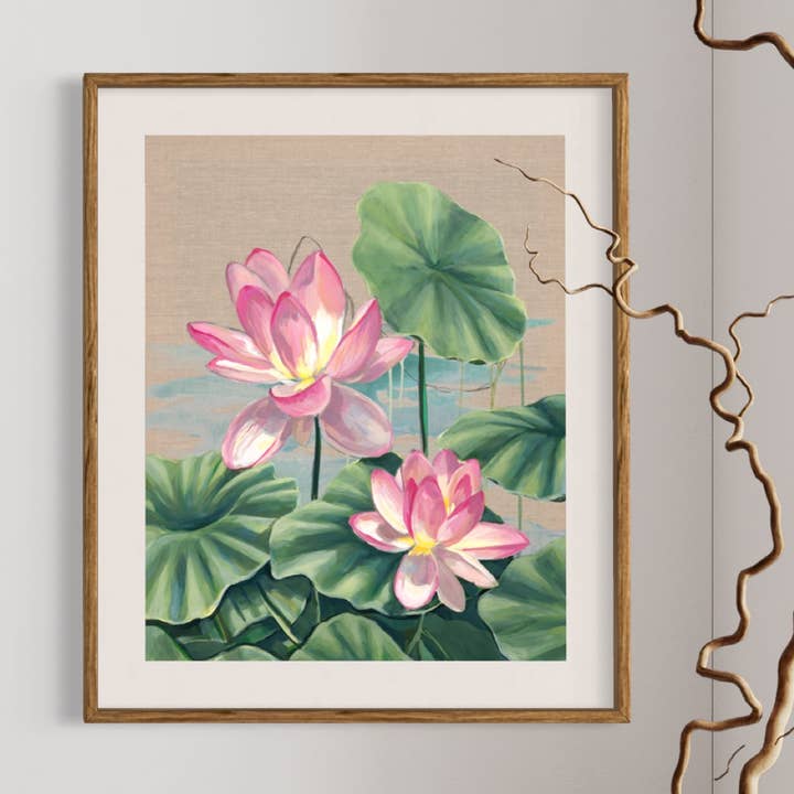 Lienzo vertical con nenúfares sobre lino para venta al por mayor de Meredith Raiford Art