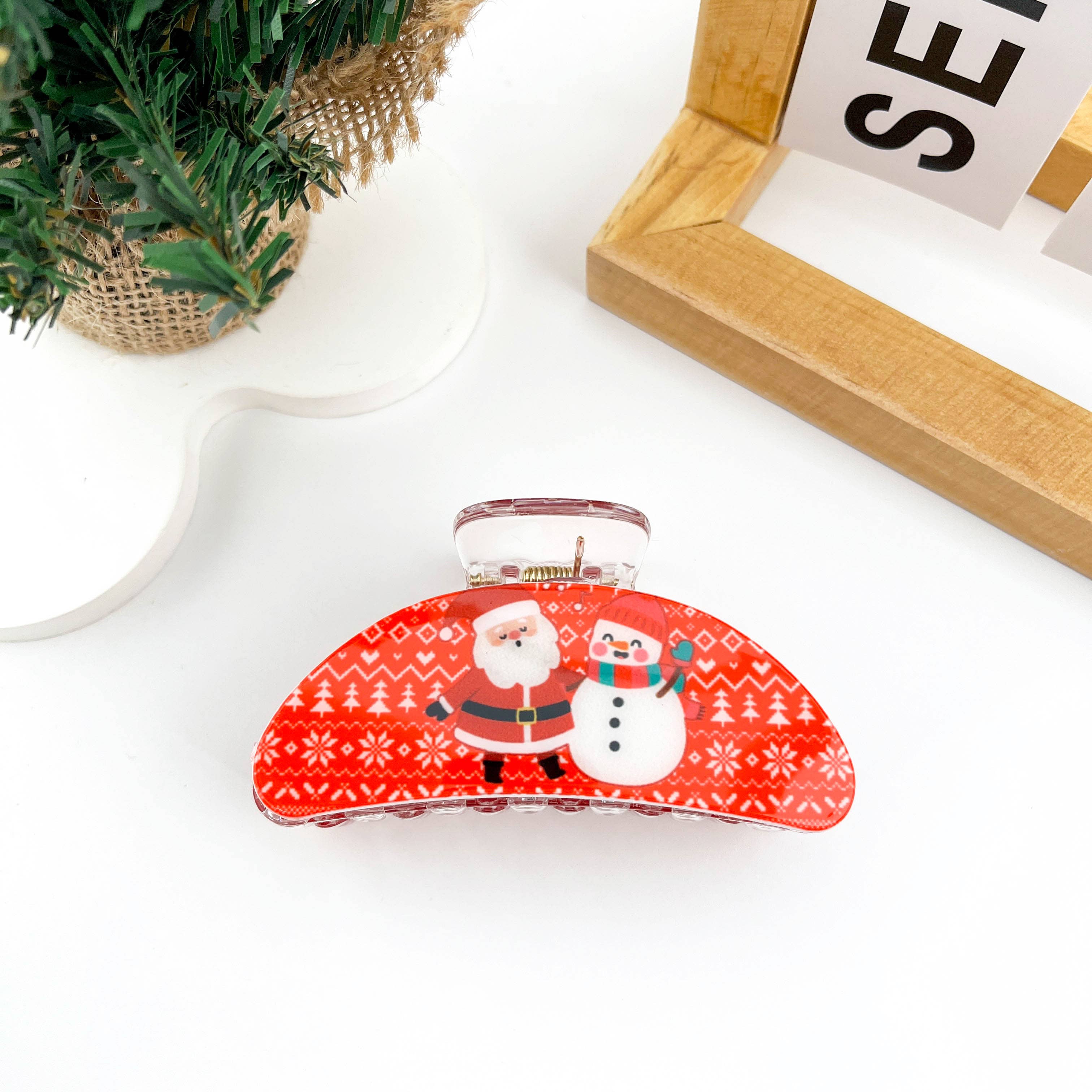 mildstyles - Wholesale Hair Clip - Women's - Christmas Red PU Santa Claus Printed Crescent Hair Claw Clip1