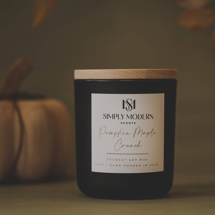 Pumpkin Maple Crunch | Black | Wood-Wick Coconut Soy Wax Candle for wholesale by Simply Modern Scents
