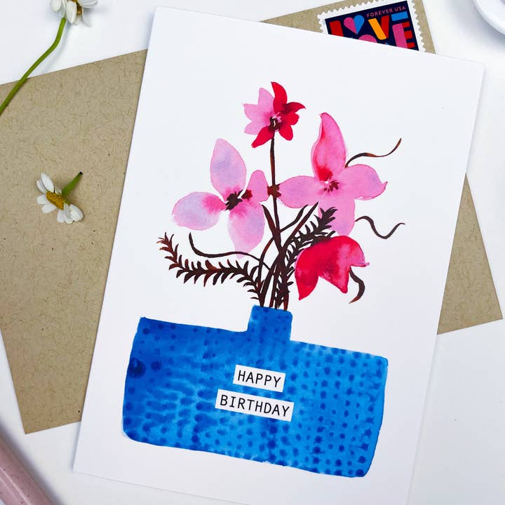 Carte d'anniversaire vase bleu pour la vente par Aaryn West