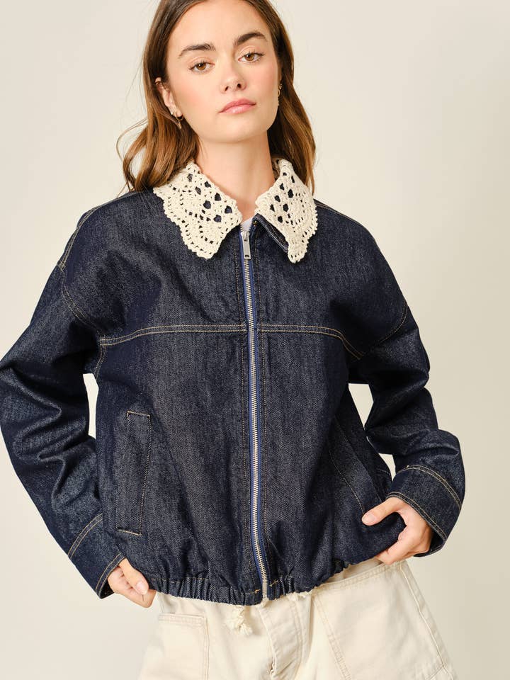 AJJ5942 CROCHET COLLAR DENIM JACKET for wholesale by Aaron & Amber
