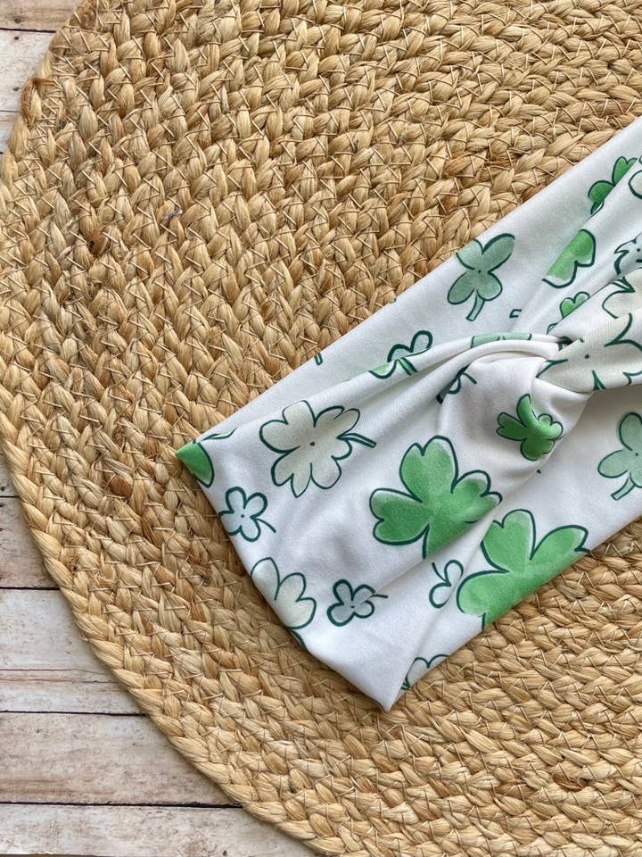 Watercolor Shamrocks Knit Twist Headband for wholesale by Designs by Rachel Joy