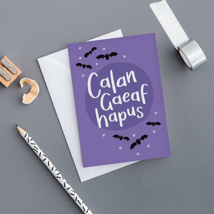 Welsh Halloween card 'Calan Gaeaf Hapus' - Bats for wholesale by Draenog