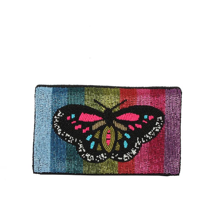 Ladies Fully Beaded Butterfly Print Clutch Handbag for wholesale by Nima Accessories Inc