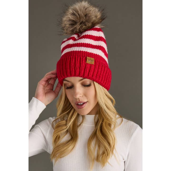 Panache Apparel Co. - Wholesale Beanie - Women's - Red & Pink Striped Pom Hat3