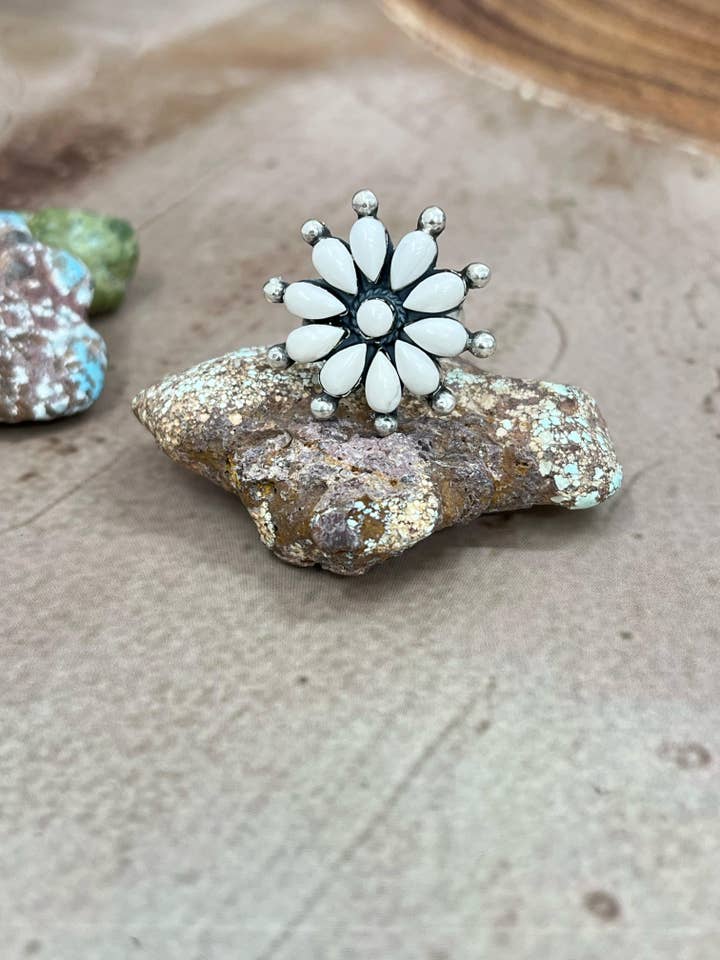 Handmade Sterling Silver White Buffalo Turquoise Adjustable Ring, Signed Nizhoni for wholesale by Nizhonitradersllc