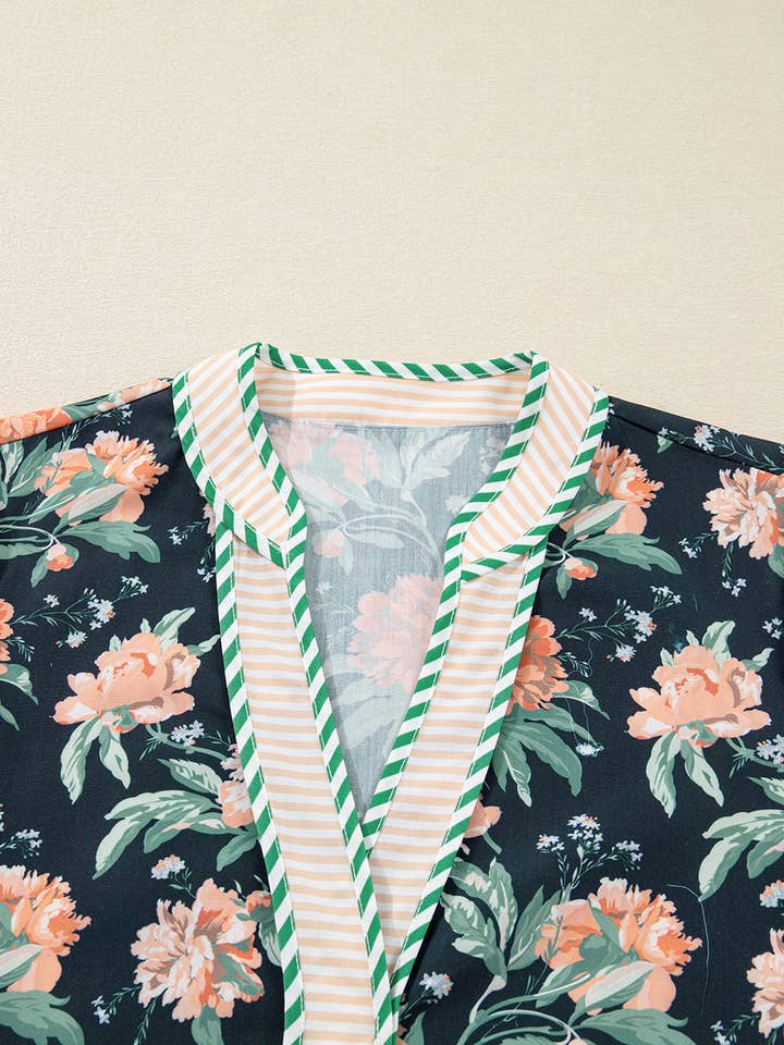 Blue FB Floral Stripe Trim Long Sleeve Mini Dress for wholesale on Faire7