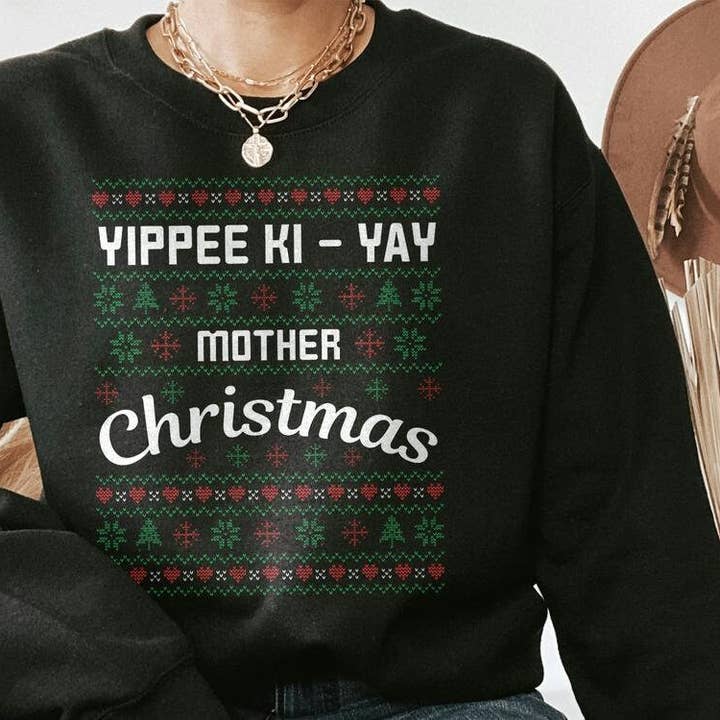 PositiveParty - Wholesale Graphic Sweatshirt - Women's - Ugly Christmas Sweater Yippee Ki Yay Crewneck Pullover2