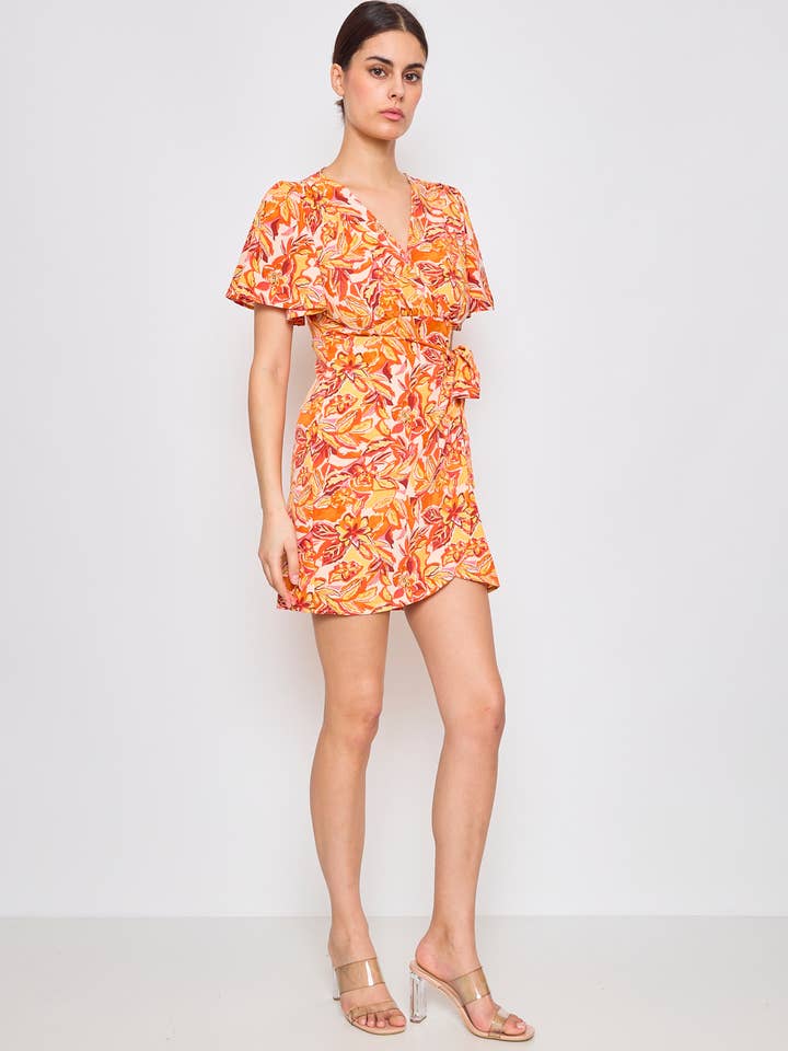Orange Short wrap summer dress with floral print for wholesale on Faire1