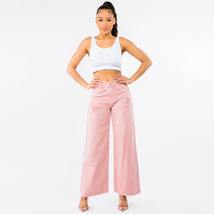 American Bazi - Venta al por mayor Vaqueros - Mujer - PANTALONES ANCHOS DESGASTADOS DE CINTURA ALTA - RJH303114