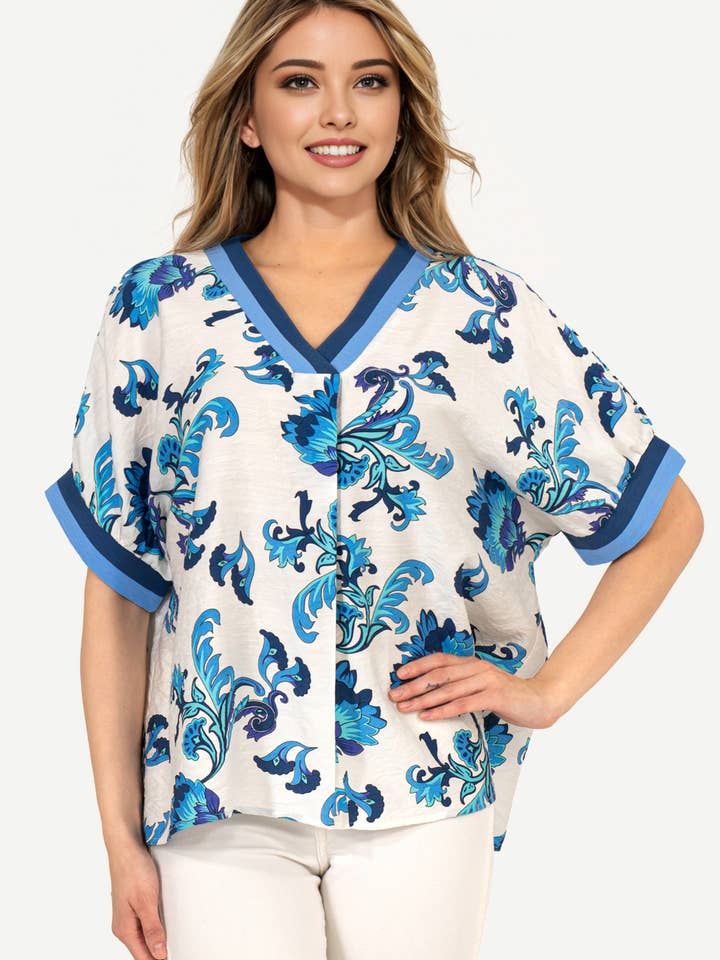 PLUS SIZE Mbd 9927 Bridget V-Neck Short Sleeve Top Blue for wholesale by Pixi + Ivy