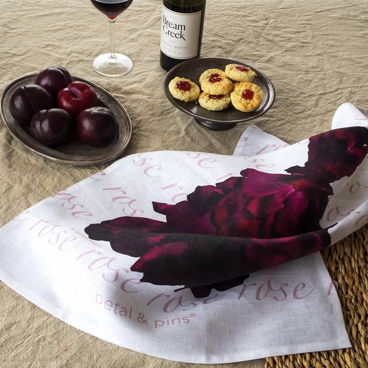 petal & pins - Wholesale Tea Towel - Linen Tea Towel - Red Wine Rose Gown - Floral Design