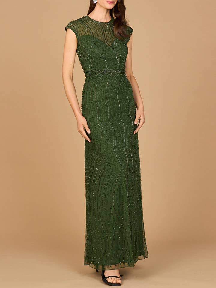 Cap Sleeve, Illusion Neck Beaded Gown for wholesale by Lara New York