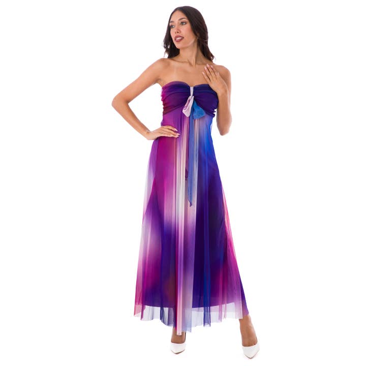 VENUS Lang Stropløs Flared Empire Mesh Print Kjole for engroshandel hos Elana Kattan