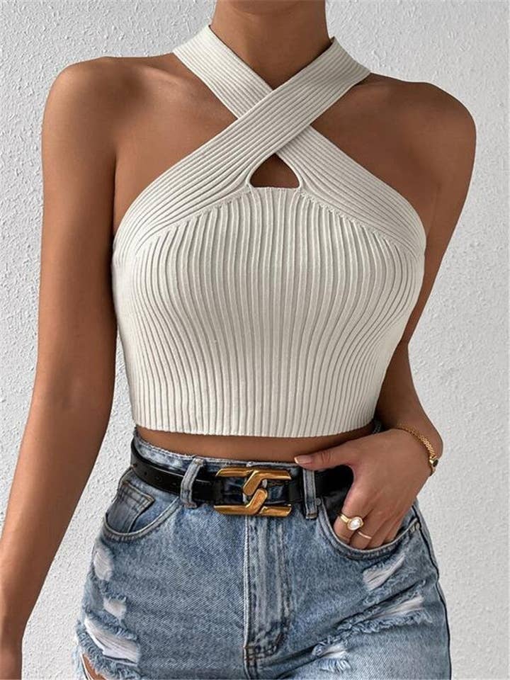 safistyle - Wholesale Knit Top - Women's - Cross Halter Ribbed Crop Top2