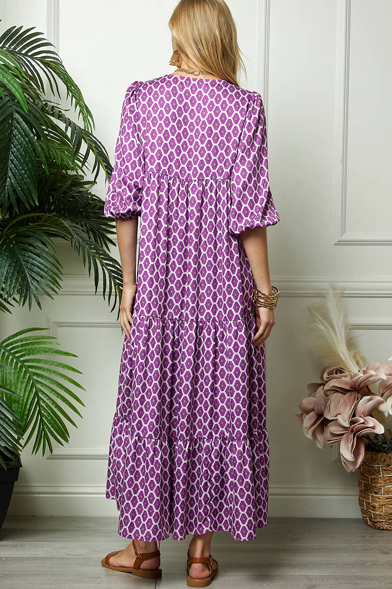 Purple Print Three Quarter Puff Sleeve Maxi Dress for wholesale on Faire12
