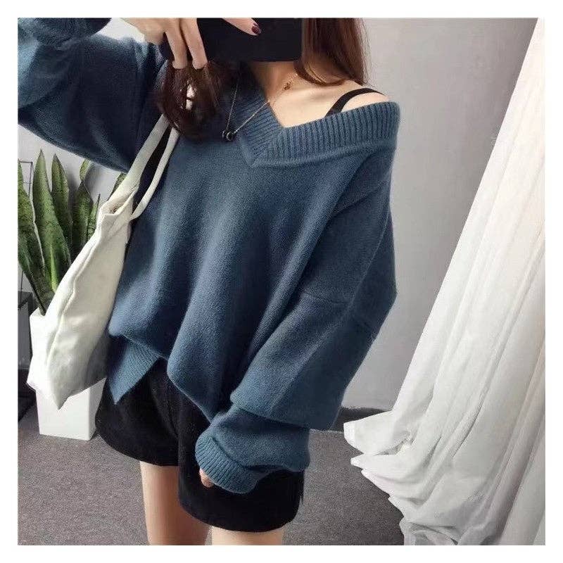 UZ Wholesale Store - Vente Pull tunique – femme - Pull ample à col en V de couleur unie6