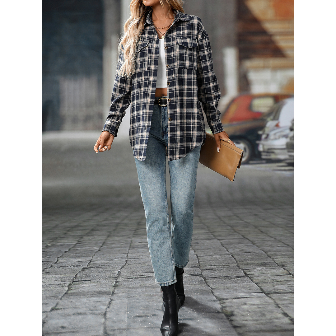 UNISHE - Wholesale Shirt - Women's - Casual Loose Fit Plaid Pockets Button-Down Shirt MD21325