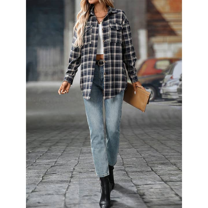 UNISHE – Engroshandel Skjorte - Dame – Afslappet løs pasform ternet skjorte med lommer og knapper MD21325