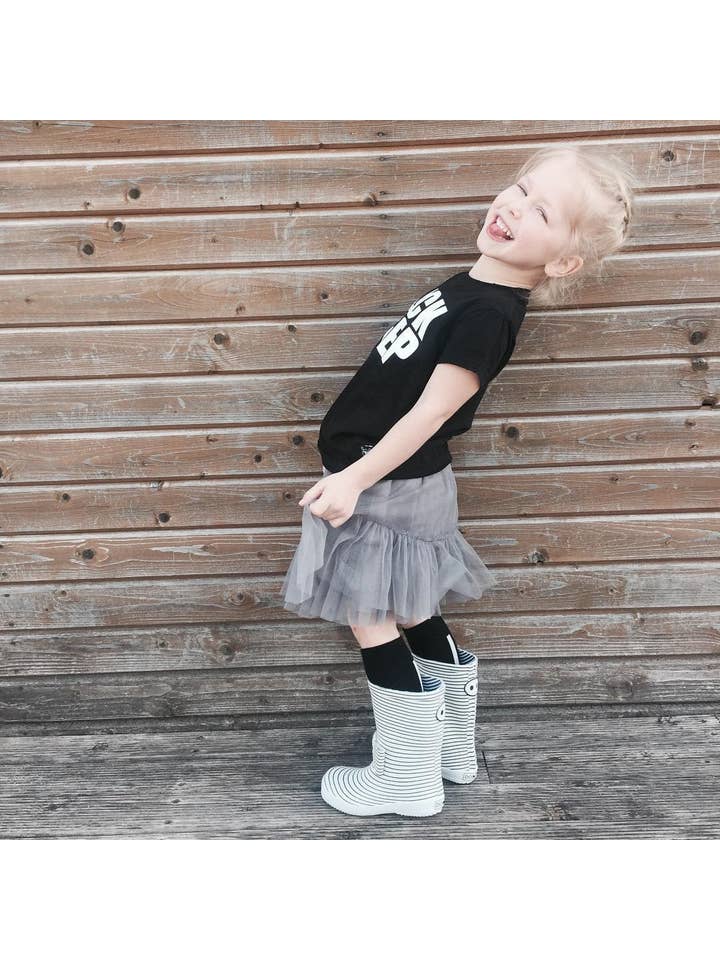 BOXBO - Wholesale Rain Boots - Kids - Bowtie Adorned Black and White Stripe Rain Boots for Kids