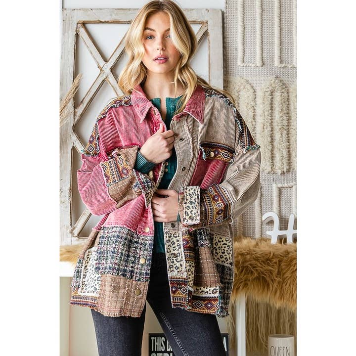 WASHED MIX MEDIA POCKET CROPPED CORDUROY SHACKET for wholesale by Oli&Hali