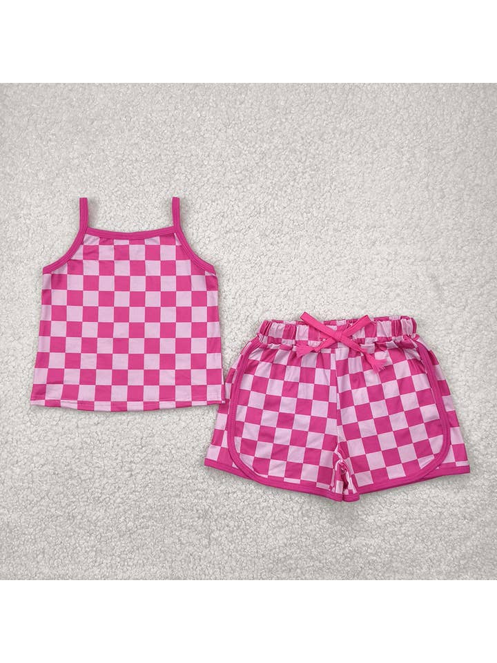 Aier Wholesale - Wholesale Top & Short Set - Kids - Baby Girls Pink Strap Plaid Top Short Sports Sets