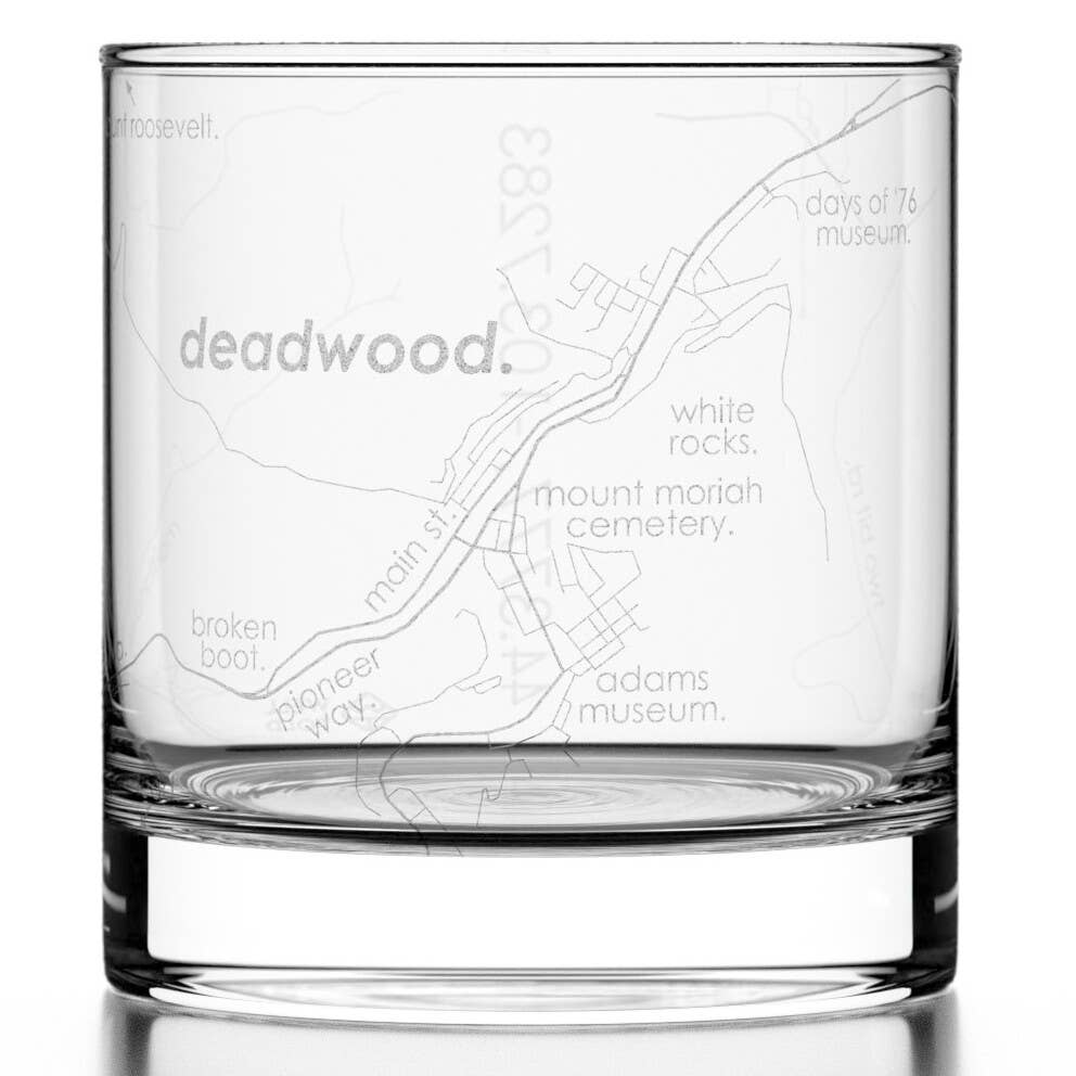 Well Told - Wholesale Cocktail/Liquor Glass - Deadwood, SD City Map - Etched Whiskey Rocks Glass0