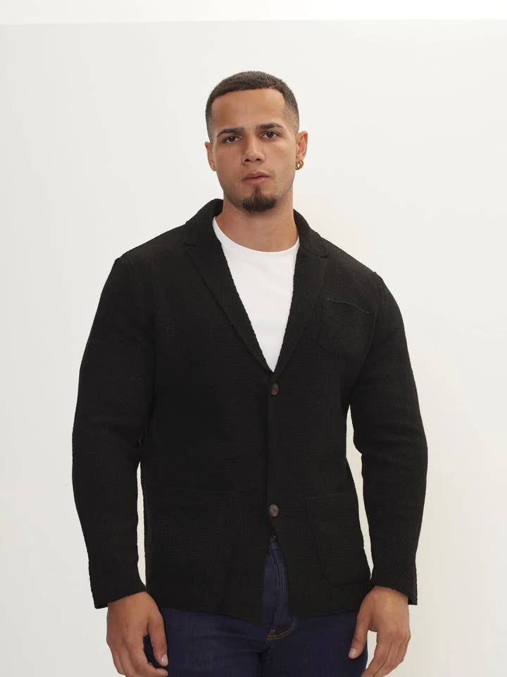 Lightweight Waffled Knit Cardigan - Black for wholesale by Ron Tomson